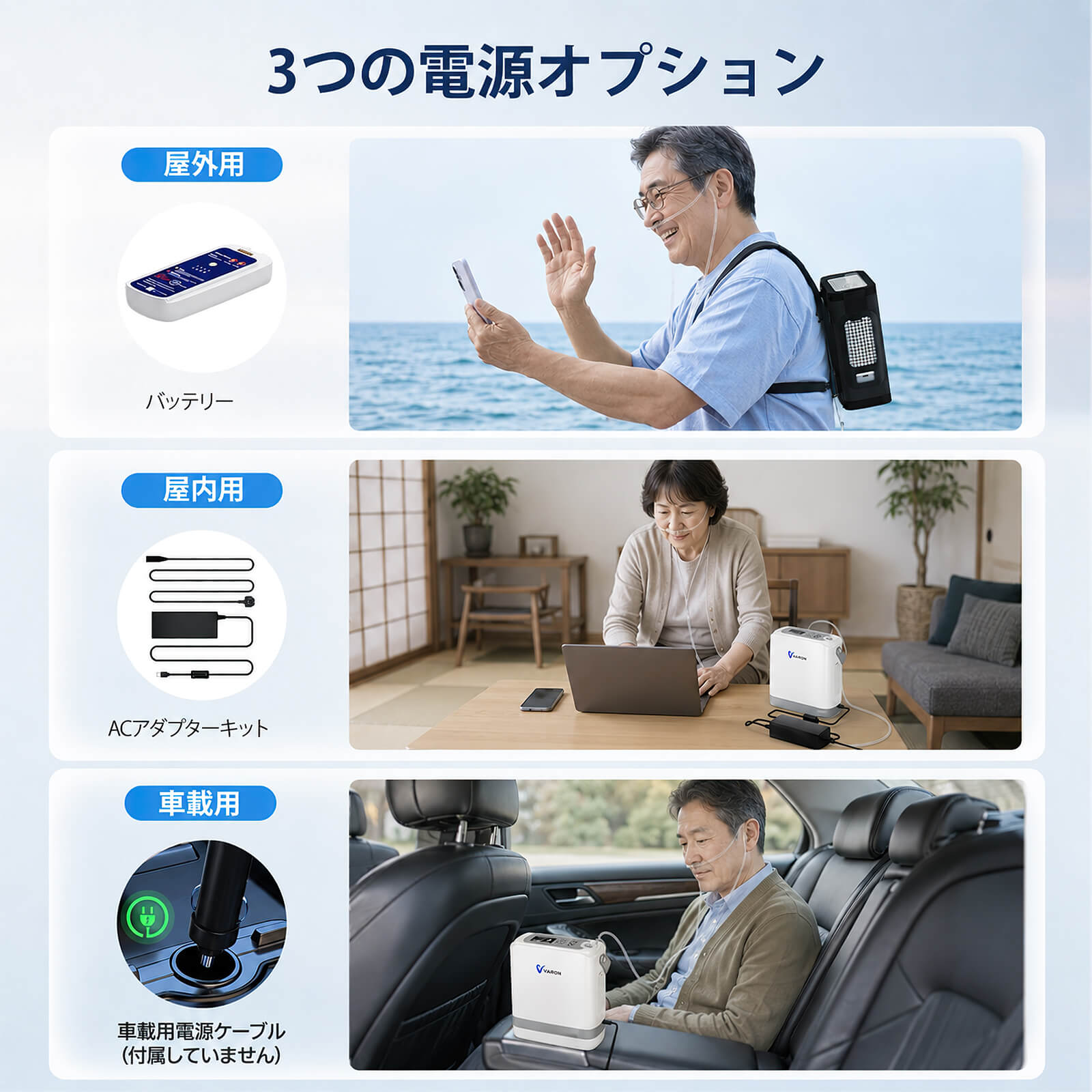 新型 VARON VP-8G | パルスフロー式 ポータブル酸素濃縮器 1～8段階調節