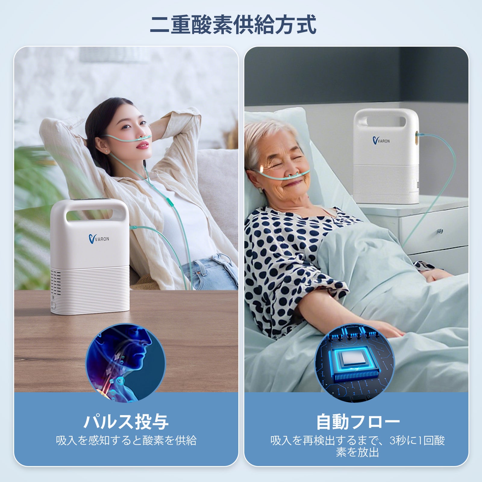 VARON VP-2 ポータブル酸素発生器、酸素療法用デュアルモード対応（パルスドーズ方式と自動流量制御方式）