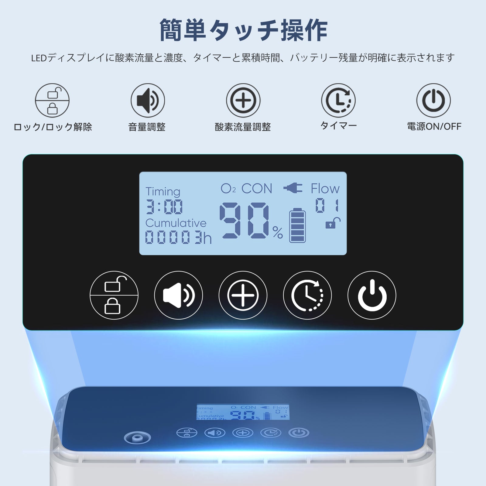 VARON 1-6L VP-6 ポータブル酸素発生器、タッチスクリーン式 - 操作が簡単